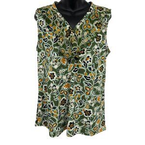 NY Collection Women Sleeveless Green Blouse V-Neck Large L Floral Ruffle NWT New